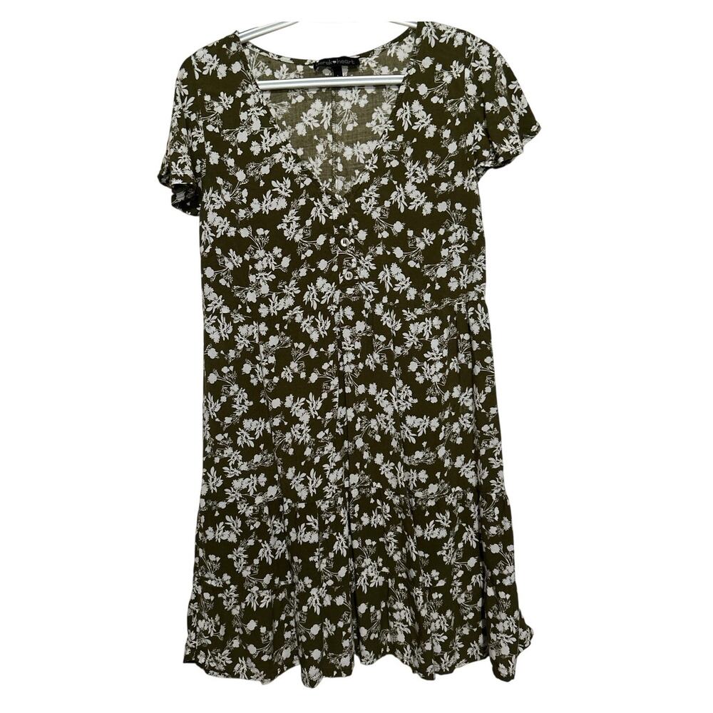 Derek Heart Junior's Green White Floral Short Sleeve V-Neck Ruffled Dress Size L